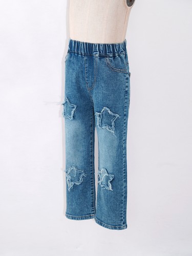 Kids Girls Jeans Star Patches Trousers Casual Denim Pants School Wear Hip Hop - Picture 12 of 25