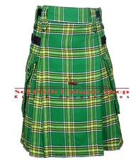 IRISH GREEN Tartan Utility Kilt - Leather Straps With Two Cargo Pockets Kilts