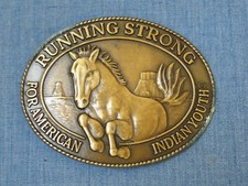 Vtg Running Strong For American Indian Youth Horse Cowboy Belt Buckle HEAVY WEAR