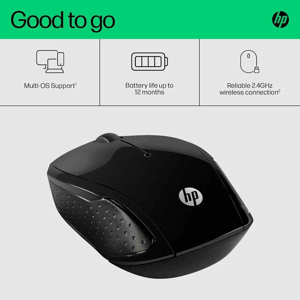 HP 200 Black 2.4 GHz USB Wireless Mouse with Red LED 1000 DPI Optical Sensor, Up - Image 2 of 4