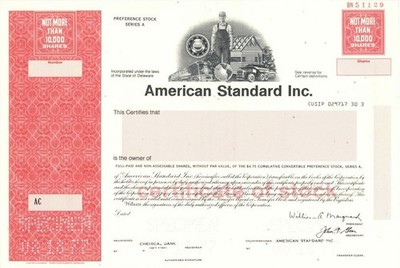 American Standard Inc. - 1977 dated Specimen Stock Certificate - Specimen Stoc
