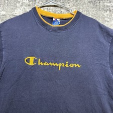 VTG Champion Men’s L Blue Gold Spell Out Made In USA Embroidered 90s Script Logo