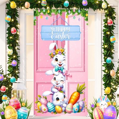 Happy Easter Door Cover Decorations Pink Easter Bunny Eggs Door Banner Welcom