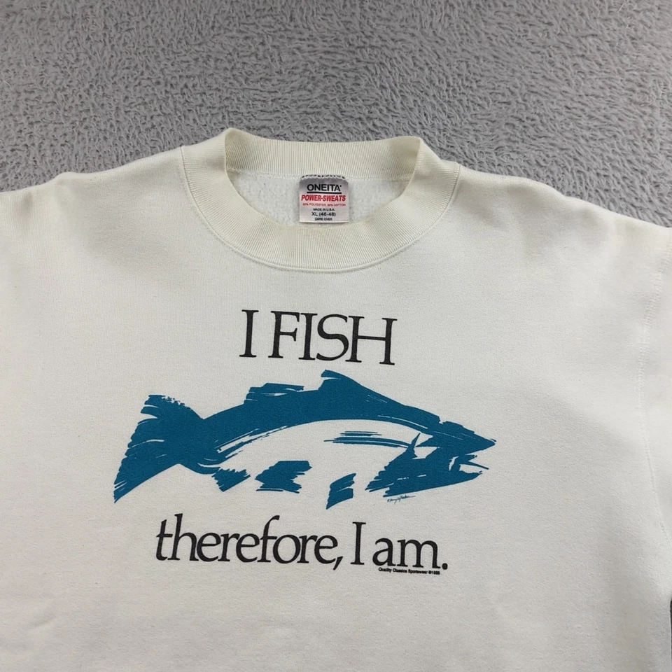 Sudadera de Pesca Vintage Hombres XL Blanca Oneita EE. UU. Papá Años 90 I Fish Then I Am Foto 2 de 4