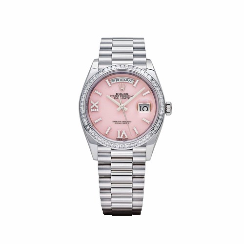 Rolex Day-Date 36 128396TBR Platinum Pink Opal Diamond Roman N...