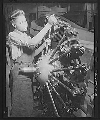 Photo:1940s Woman Aircraft Mechanic Servicing Radial Engine Aviation Shop