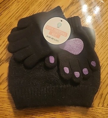 Cat Black Beanie Hat W/ Ears & Gloves W/ Purple Paws Set