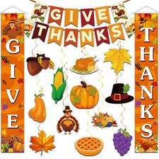 Thanksgiving Decorations Pre-Assembled GIVE THANKS Banner Hanging Swirls Porc...