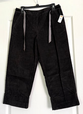 Talbots Cropped Corduroy Pants Straight Leg Black Cuffed Velvet Belt 10 31x22 