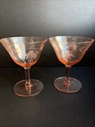 Set Of 2 Vintage Pink Depression Glass Etched Floral Wine Coupe Glasses
