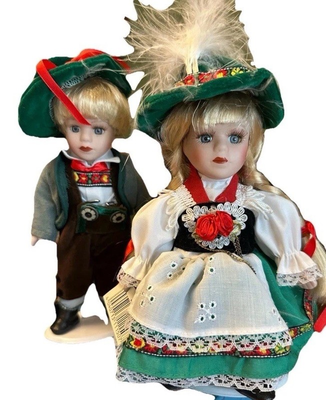 Vintage Hansel Gretel Doll Girl & Boy With Stands Porcelain And Cloth No Box New