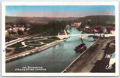 Vintage Soissons France Postcard L'Aisne et Les Jardins River Scene