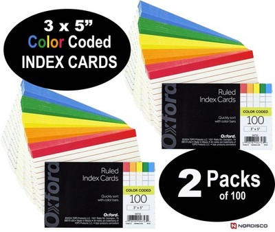 Oxford 04753 Color Coded 3 x 5'' Index Cards, Ruled, 2 Packs of 100