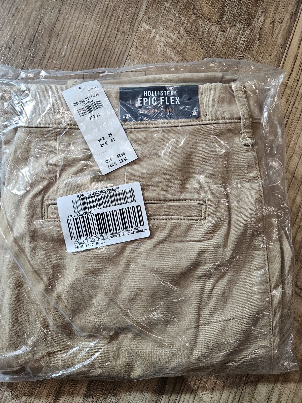 Hollister Men’s Epic Flex Skinny Chino Pants Khaki Stretch Cotton 32 X 32 NEW