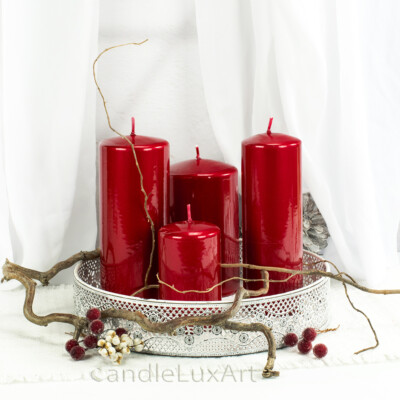 Stumpenkerzen Opal Metallic Glanz Rot Weihnachten Advent Kerzen Tischdeko Deko