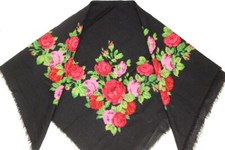 Black wool shawl with floral Ukrainian vintage scarf Babushka russian scarf