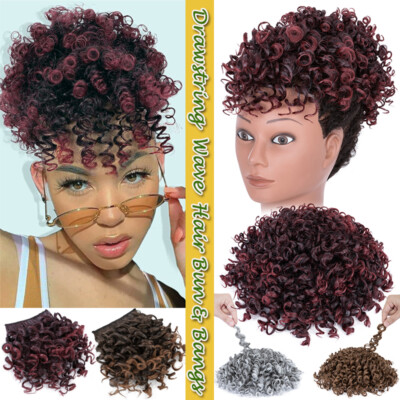 Afro Kinky Curly Hair Bun Short Ponytail Clip In Bangs For Black Women As Human
