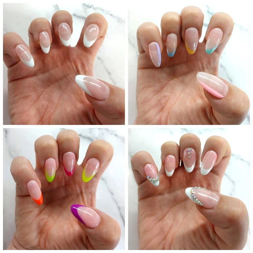 GLAM & GLITS French Manicure False Nails Short Almond Hand Painted Gel Press On French Tips