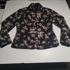 Carole little black leaf pure silk quilted lined button up jacket small women's