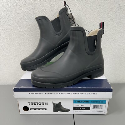 NIB Tretorn Lina Chelsea Rain Boots Women's 10 Black Rubber Fur