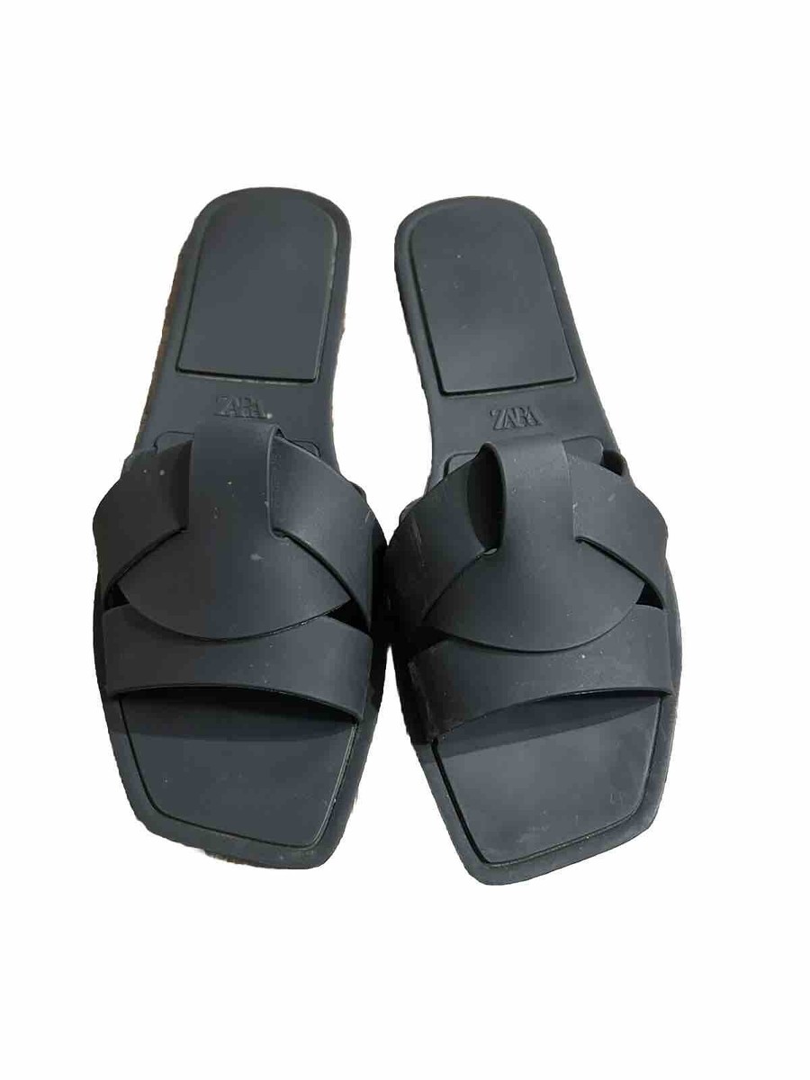 Zara Flat Crossed Strap Slide Sandal Black US 8 EUR 39