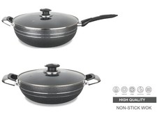 Non Stick Wok With Glass Lid Deep Cooking Frying Pan Long Handle and Two Handles