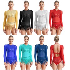 Women Dress Roller Skating Bodysuit Performance Dancewear Mesh Costume Tassel