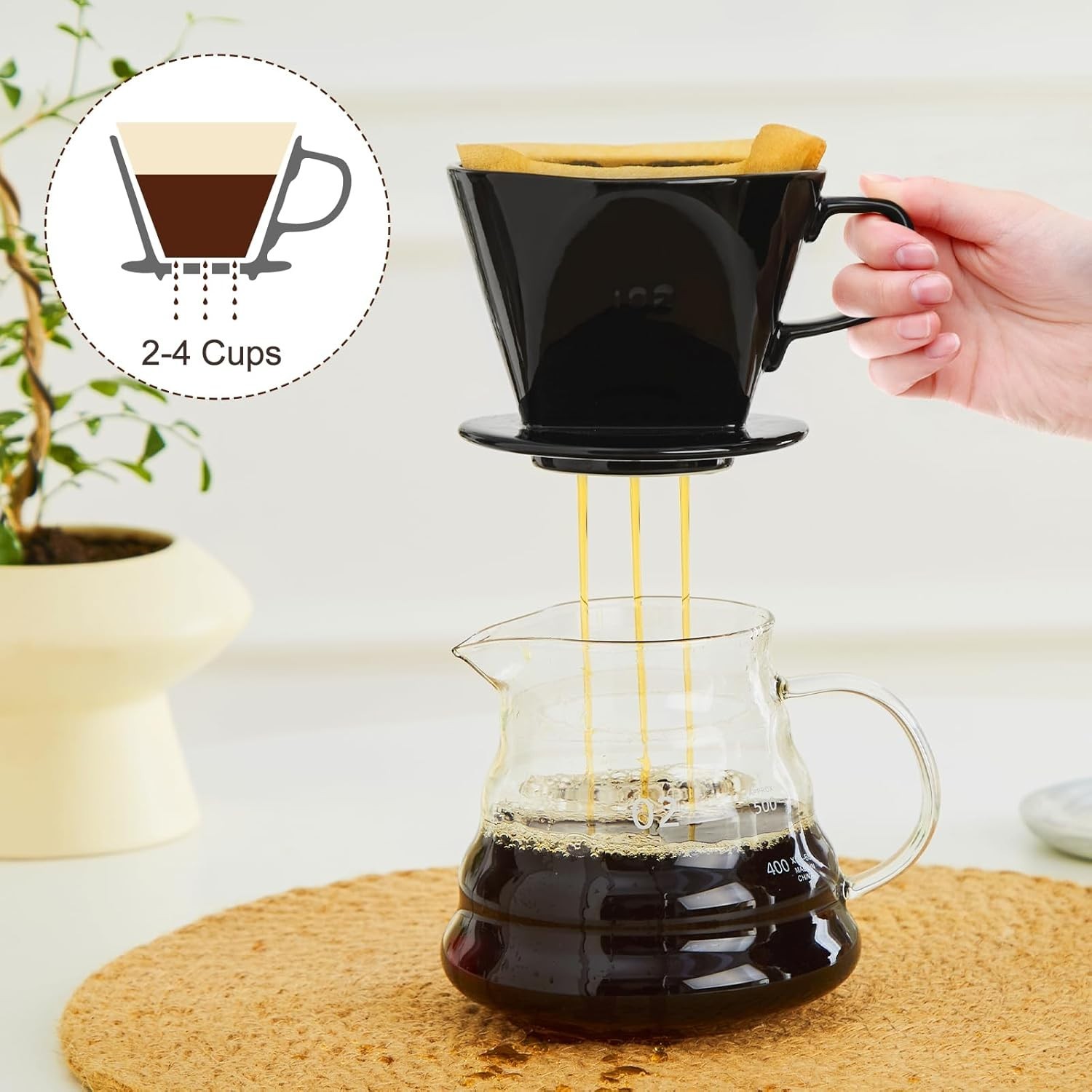 Ceramic Pour Over Coffee Dripper Flat Bottom 3Hole Manual Brewer Size 2 Black US