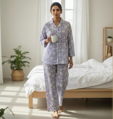 Women s Cotton Sleep Pajamas Hand Block Floral Indian Lounge Set