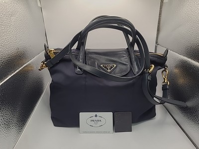 Used Prada Tessuto Nylon Convertible Handbag Navy with Gold Hardware