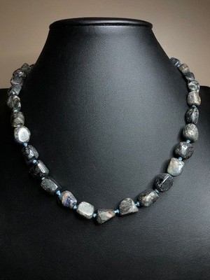 B3928 Stauer Tumbled Iolite Necklace Sterling Silver Clasp 18-20'' Nugget Bead