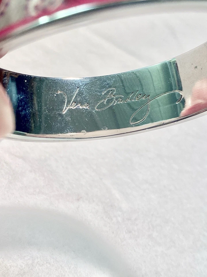 Vera Bradley Silver Tone Paisley Pattern Pink Enamel Bangle Bracelet Clamp 7.25” - Image 3 of 4