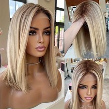 Ombre Brown Roots Ash Blonde Straight Hair Synthetic Lace Front Wigs Short Bob