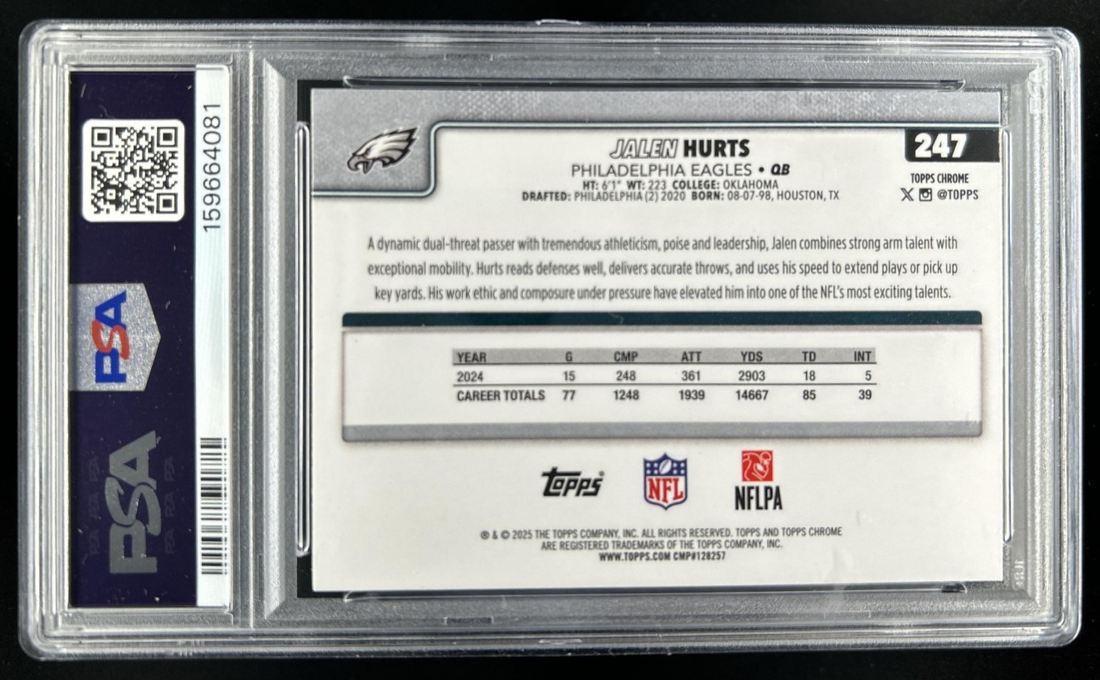 2025 Topps Chrome Jalen Hurts Red/White/Blue Refractor #247 Eagles PSA 9 view 2