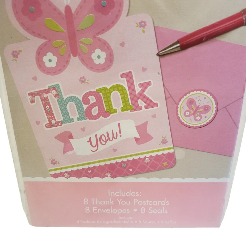 Pack de 8 tarjetas de agradecimiento Baby Girl rosa mariposa baby shower con sobres NUEVO Foto 2 de 4