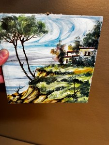 1 Vintage Hand Painted Ceramic  Tile two Leaning trees  Made in Italy