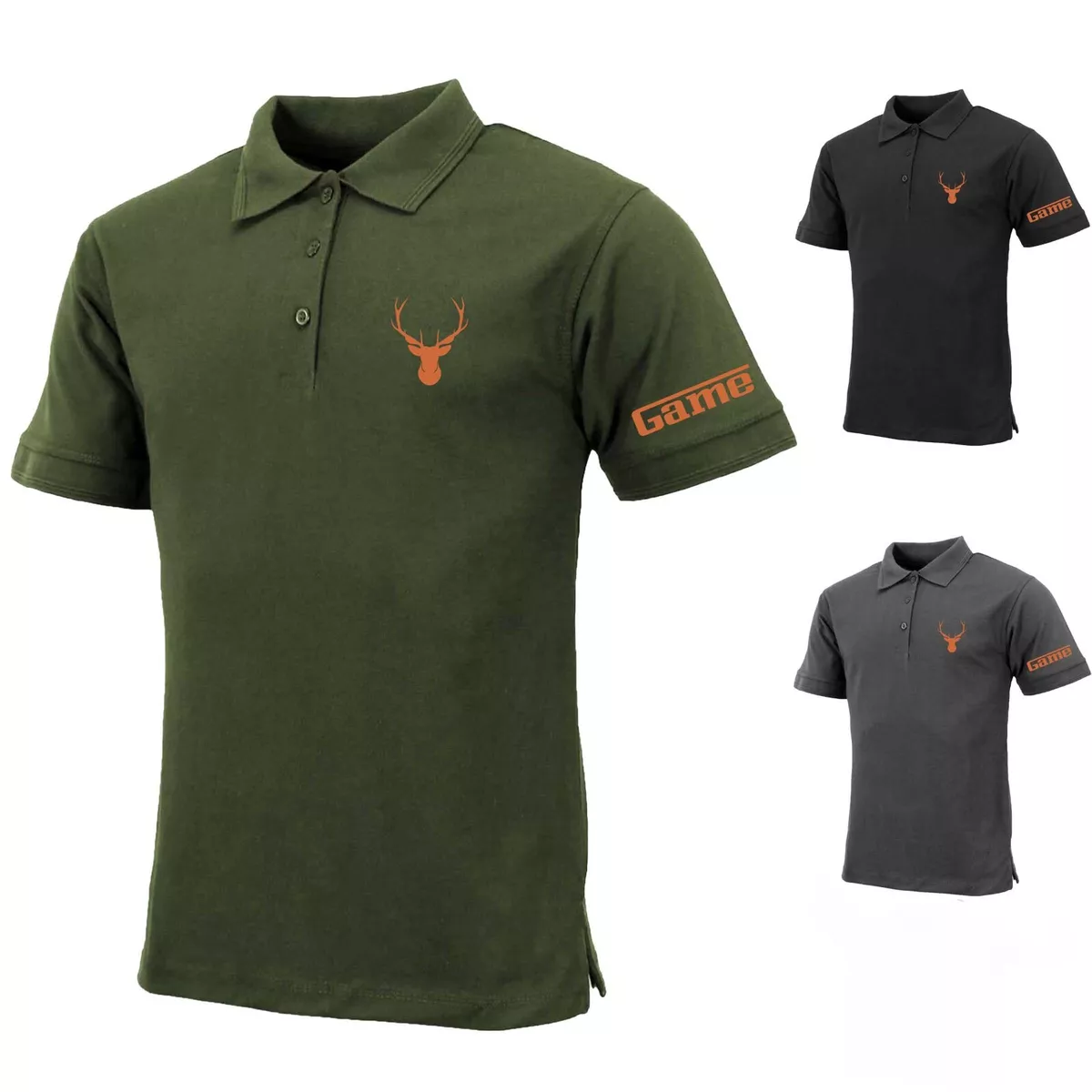 Mens Game Embroidered Stag Logo Short Sleeve Polo Shirt - Hunting Camping Top Mens Game Embroidered Stag Logo Short Sleeve Polo Shirt - Hunting Camping Top