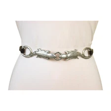 Women Black Strap Narrow Waistband Fashion Belt Silver Metal Lizard Charm S M L