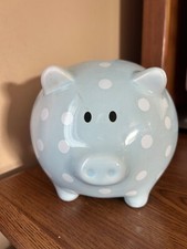 Stephan Baby Ceramic Piggy Bank BLUE White Polka Dot 6  