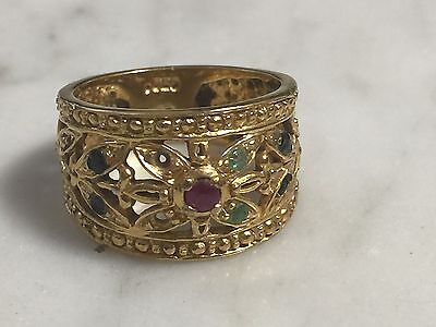 Jeweled 24K over 925 Sterling Silver Band Ring Ruby Emerald Open Work ...