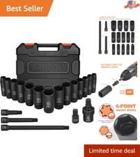 Cr-V Steel 6-Point Design Socket Set, 19-Piece SAE Deep Impact Tool Collection