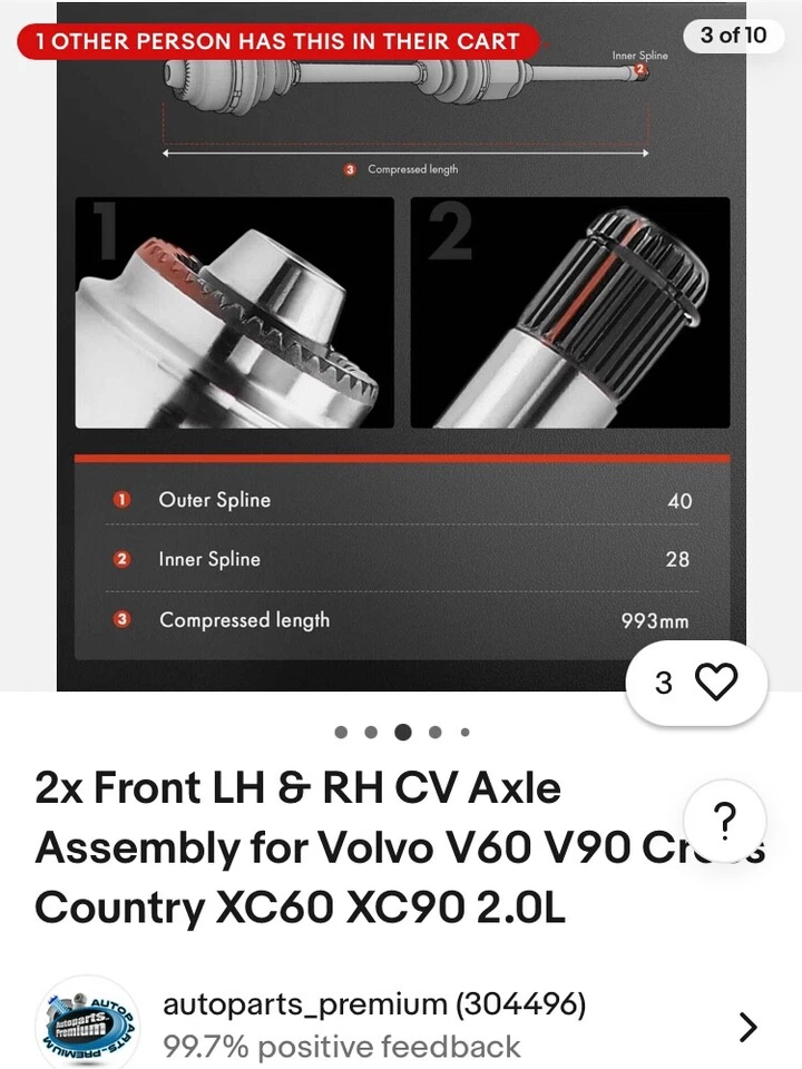 2x Conjunto de eje delantero derecho y derecho CV para Volvo V60 V90 Cross Country XC60 XC90 2,0 L Foto 3 de 4