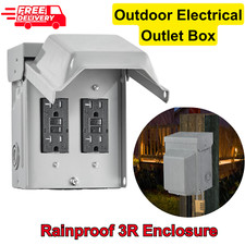 Outdoor Electrical Outlet Box, Dual 20 AMP WRTR GFCI Receptacles, Rainproof 3R