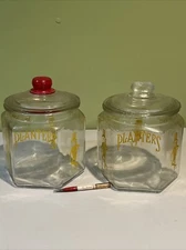 Vintage Set - 2 Mr. Peanut Hexagon  Glass Counter Jars, Lids & Mr. Peanut Pen.