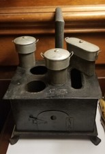 ANTIQUE German Marlkin  Tin stove range TOY w/ rare deep tin pots MINIATURE
