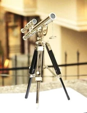 Brass Double Barrel Mini telescope With Wooden Tripod Stand Vintage Navy Ship