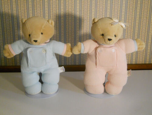 VINTAGE Kids 11 rose & bleu thermique pj's 2 bébé ours en peluche peluche miroir rabats grincement - Photo 1 sur 7