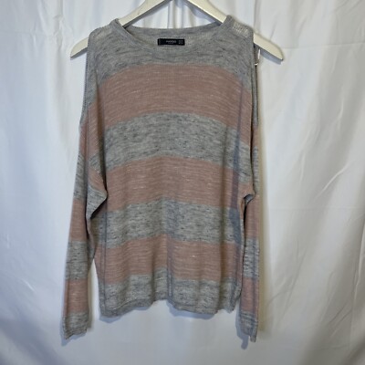 Mango Basics Grey Pink Striped Knitted Jumper Shoulder Slit Size Medium