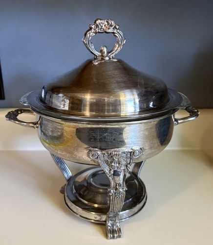 Vtg Silver Plate Warmer Round Chafer Domed Lid Ornamental Rack Handled w/bowl