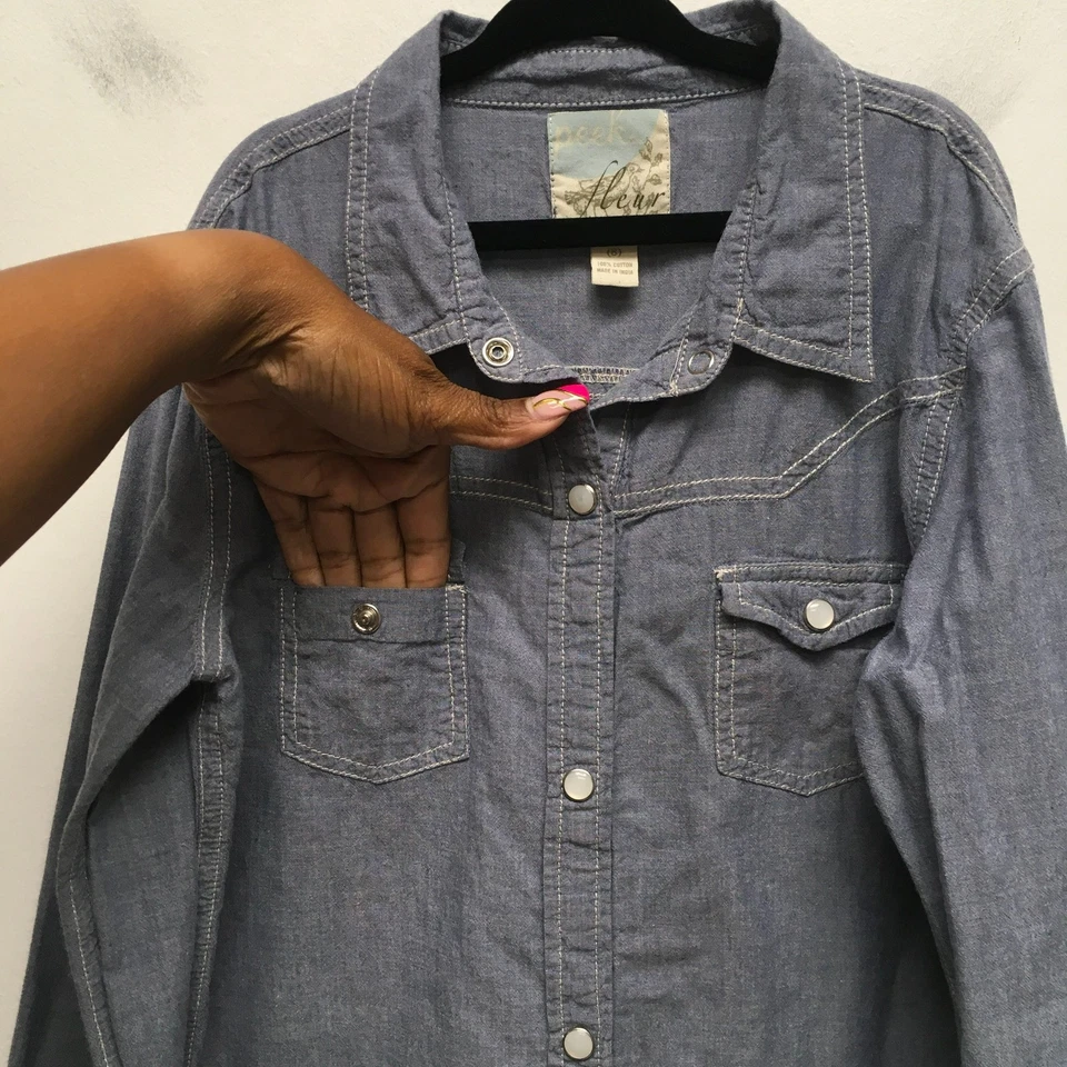 Camisa Peek Fleur Niñas Azul Cambray Algodón Manga Larga Bolsillos Perla a Presión 8 Foto 3 de 4